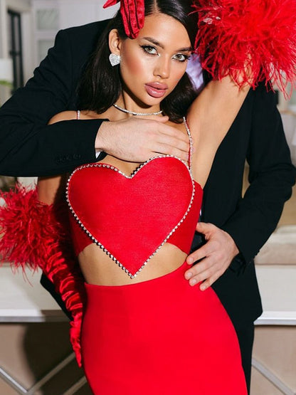 Red Heart Cut Out Graceful Rhinestone Strap Crop Top