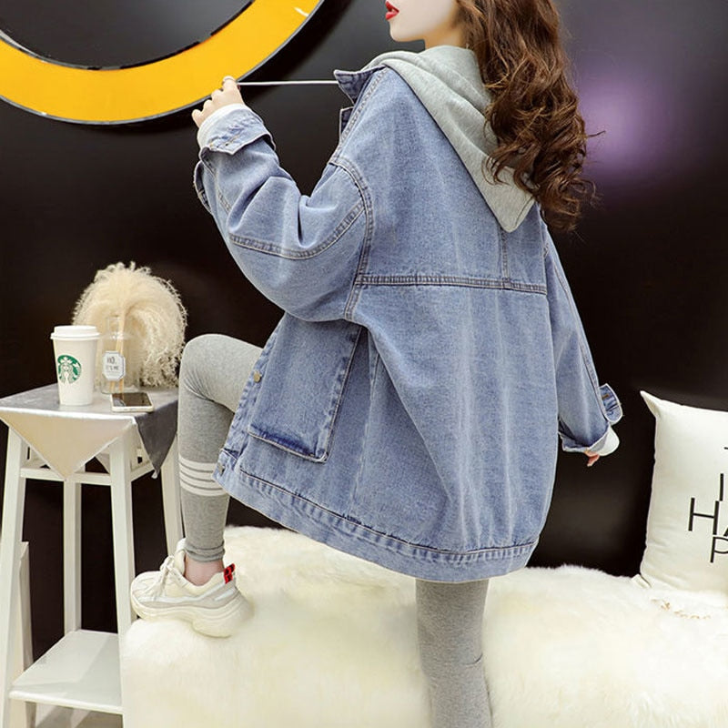 with - Hood Casual - Denim Spring Korean Fashion Black Women's Jacket Patchwork Streetwear Style