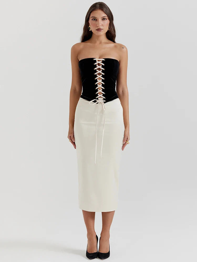 Black Lace Up Tube Top Trendy And White Satin Midi Skirt Set