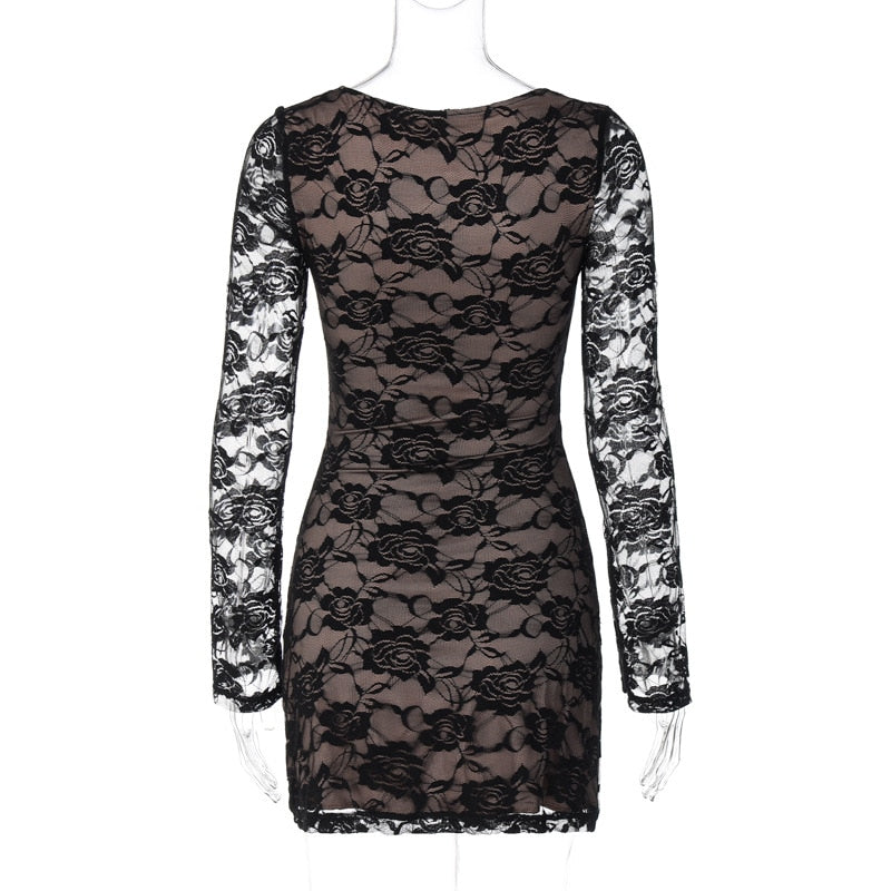 Black Lace Layered Charming Long Sleeve Mini Dress