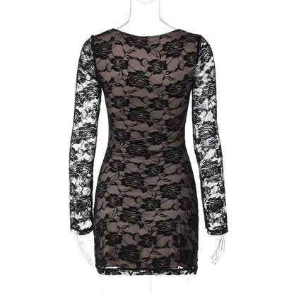 Black Lace Layered Charming Long Sleeve Mini Dress