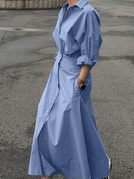 Arm Full-Length Vestidos Casual Female Robe Lapel Gown A Line Blouse Fashion Long Solid Oversized