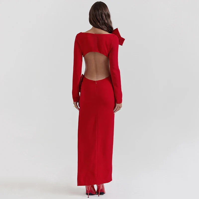 Red Bow Hollow Out Graceful Back Long Sleeve Maxi Dress