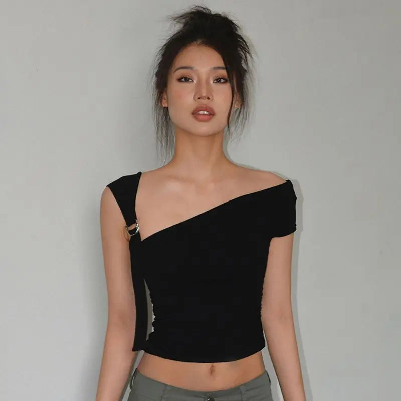 Asymmetric Strap Buckle Charming Sleeve Crop Top