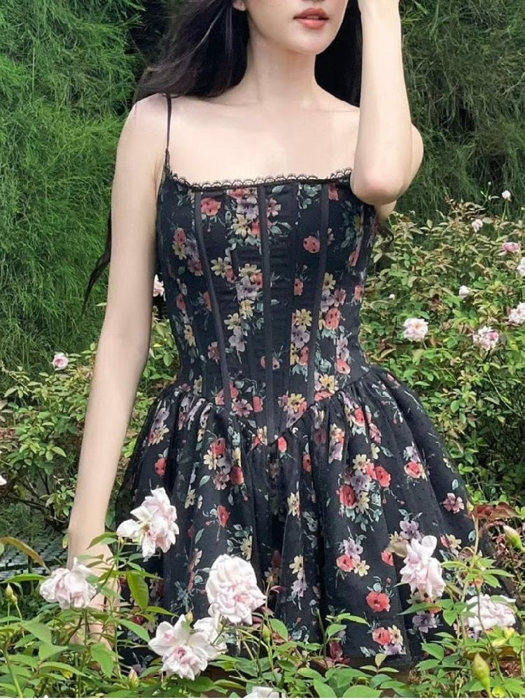 Black Floral Print Tie-Up Graceful Corset Frill Mini Dress