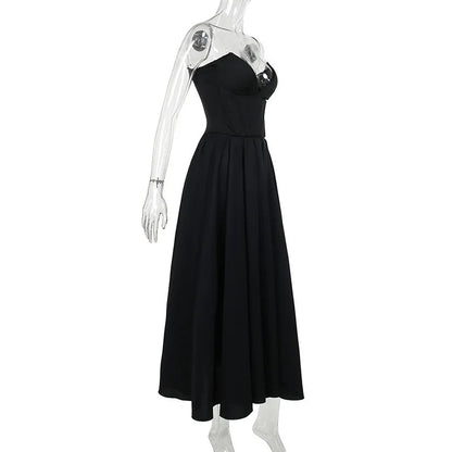 Black Deep Neck Charming Strapless Frill Midi Dress