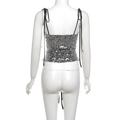 Sequin Silver Cut Out Graceful Tie Up Strappy Top