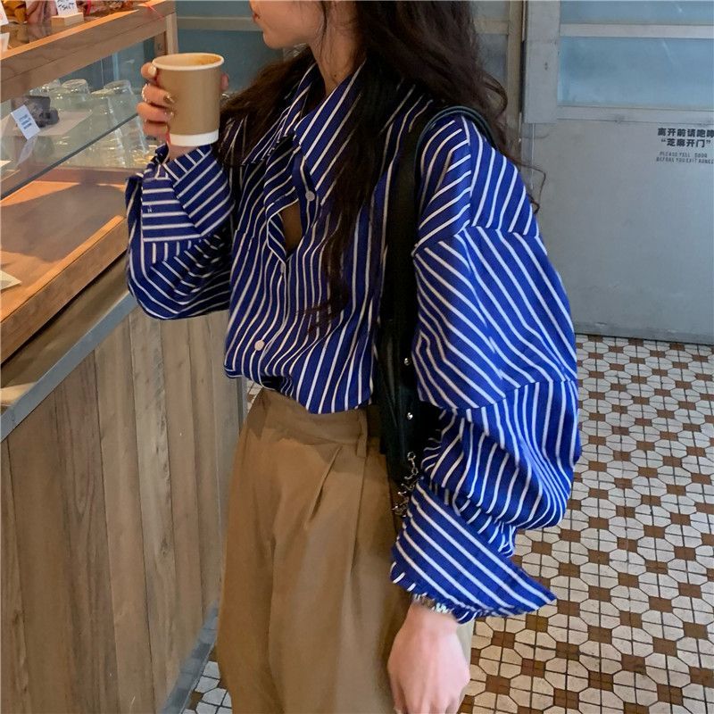 Women Long Tops Arm Casual Vintage Shirts Chic Deeptown Blouses Striped Office Fashion Korean Wear