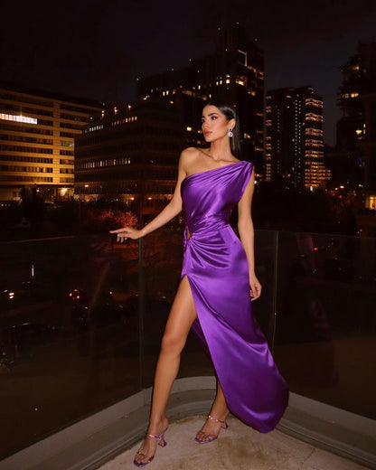 Purple One Shoulder Satin Graceful Hollow Cut Maxi Dress