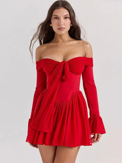 Red Off-Shoulder Stylish Frill Mini Dress