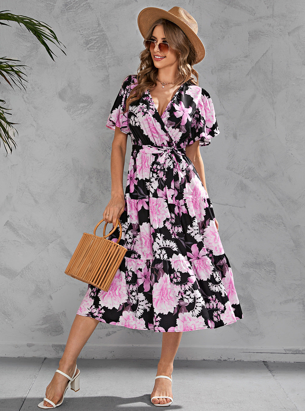 Women's Summer Floral V-Neck Short Sleeve Dress with Belt - Chiffon Mid-Length Boho Beach Sundress