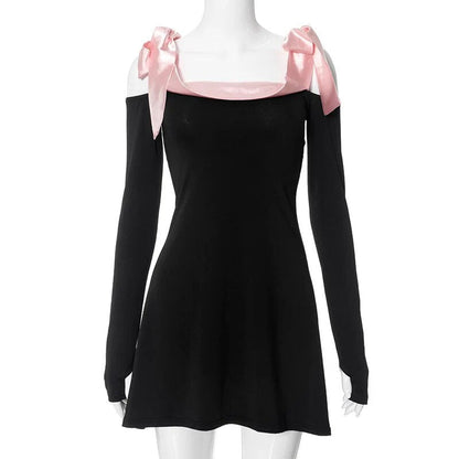 Black Off-shoulder Bow Charming Long Sleeve Mini Dress