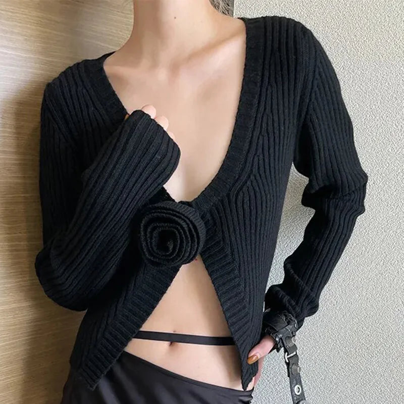 Ribbed 3D Flower Open Graceful Front Long Sleeve Cardigan