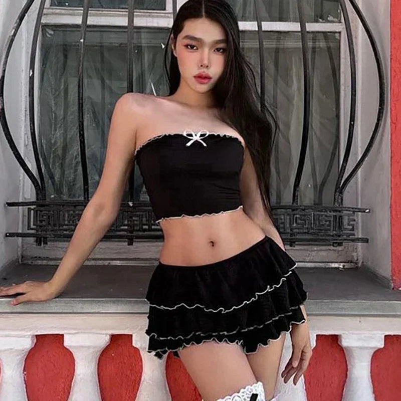 Black Bow Crop Top Graceful Ruffled Mini Skirt Set