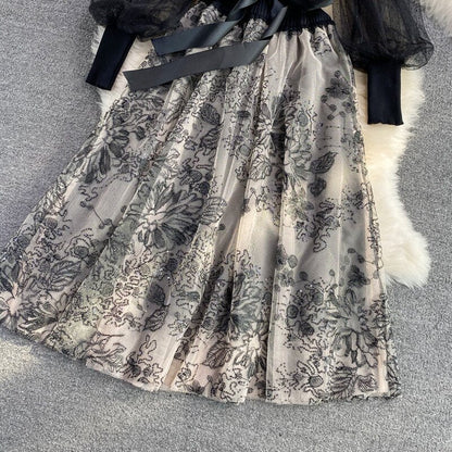 Vintage Gown Printing Round Puff Gown Ladies Bandage Knitted A Party Neck Mesh Arm Stitching Elegant Women's Line Dress