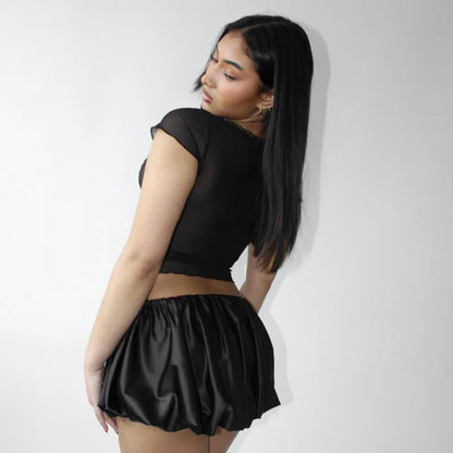 Satin Puff Low Charming Waist Mini Skirt