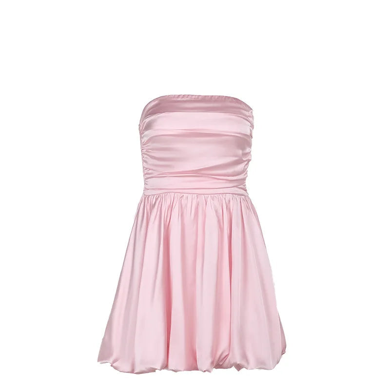 Satin Puff Ruched Charming Tube Mini Dress