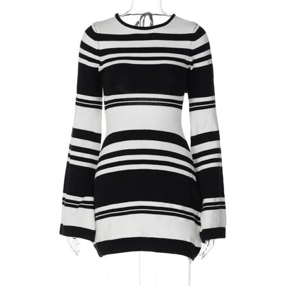 Black Stripe Knit Backless Graceful Long Sleeve Mini Dress