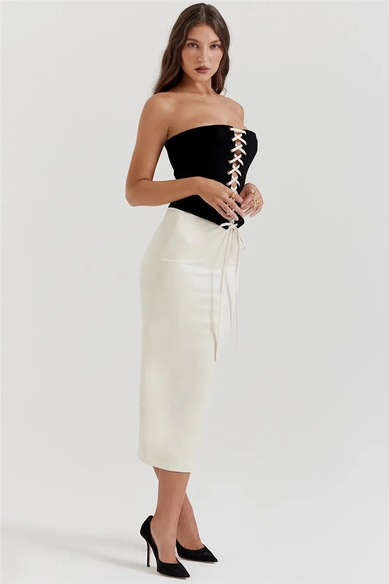 Black Lace Up Tube Top Trendy And White Satin Midi Skirt Set