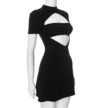 Black Front Hollow Charming Out Mini Dress