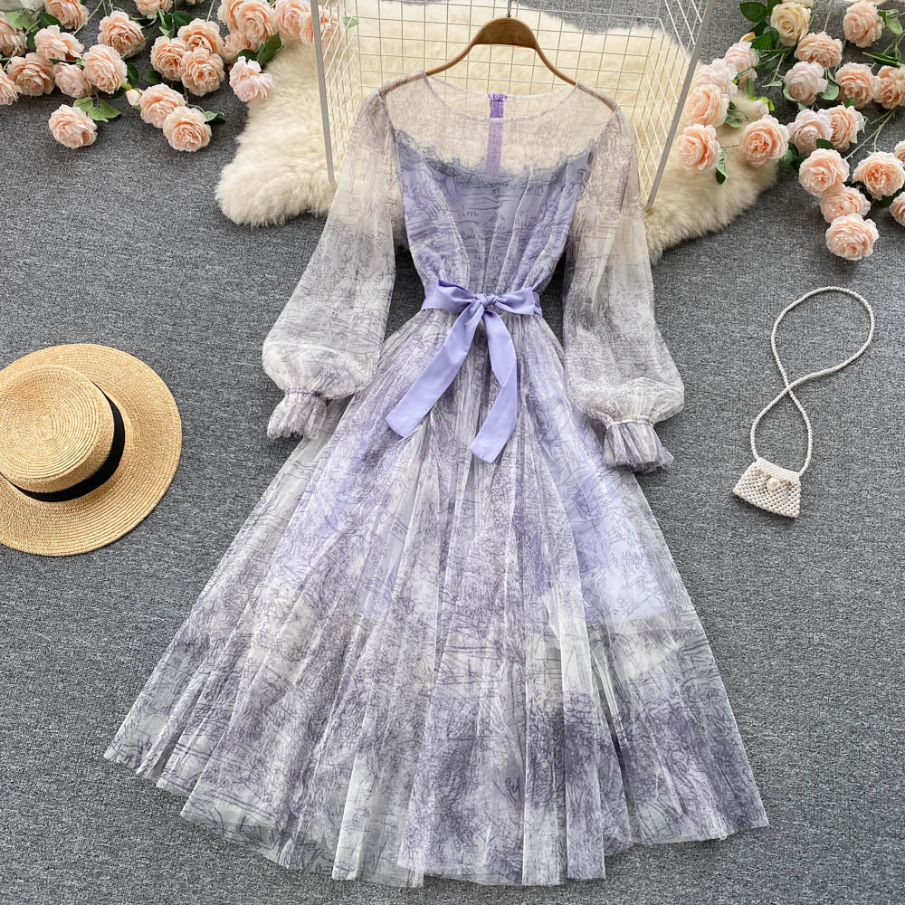 Summer and Bandage for Dresses Women Elegant Spring Vintage Gown Line and Coastal featuring Sleeves Patterned Patchwork Lantern Mesh with and A Party Dress