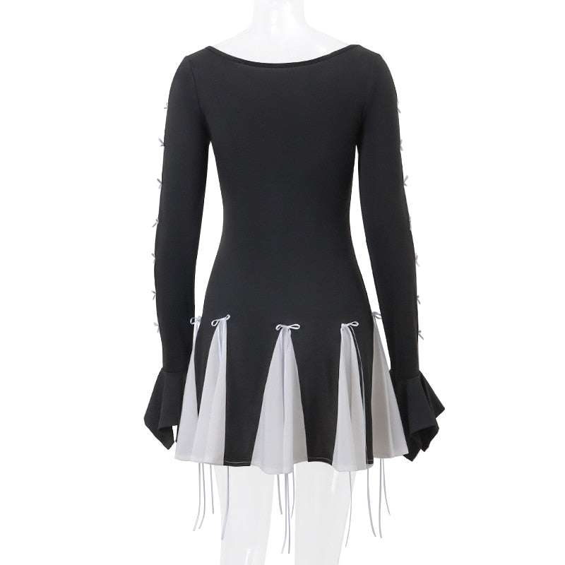 Black Long Sleeve White Graceful Frill Patchwork Bow Mini Dress