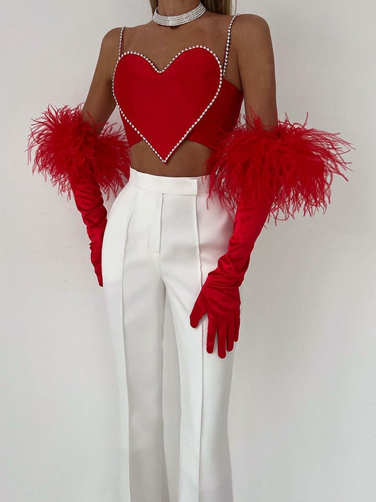 Red Heart Cut Out Graceful Rhinestone Strap Crop Top