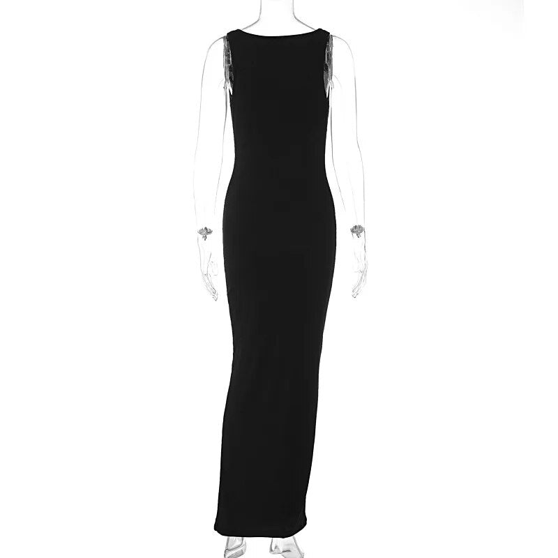 Ribbed Bandeau Deep Neck Graceful Layered Strap Long Dress