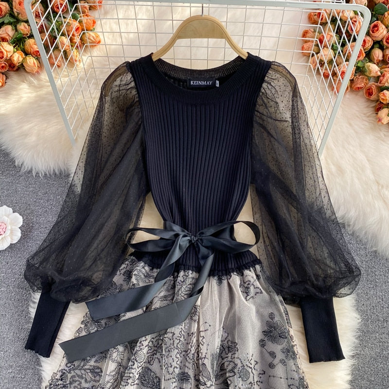 Vintage Gown Printing Round Puff Gown Ladies Bandage Knitted A Party Neck Mesh Arm Stitching Elegant Women's Line Dress