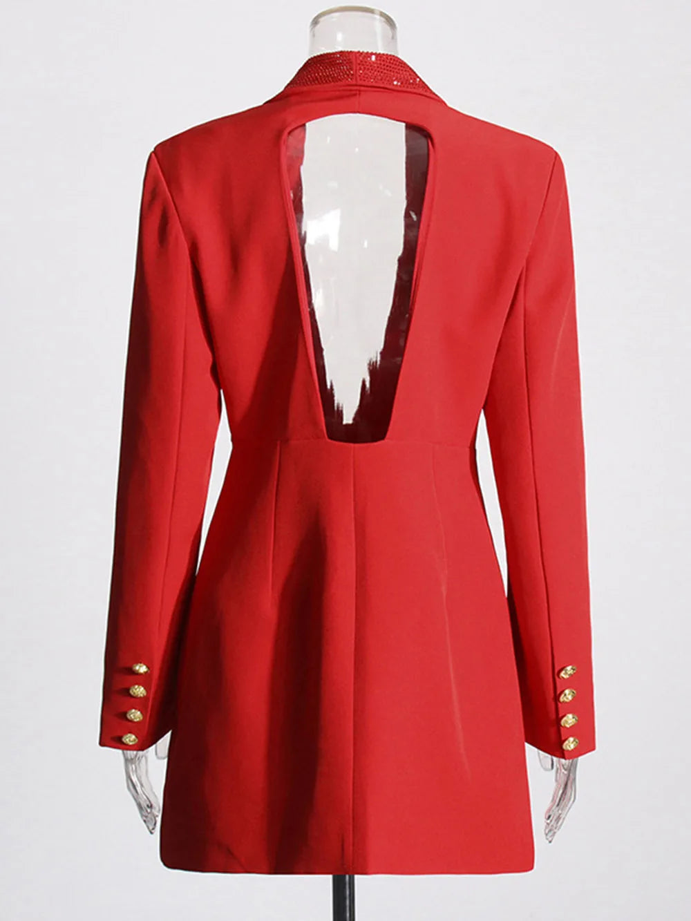 Red Sequin Collar Charming Open Back Blazer Dress