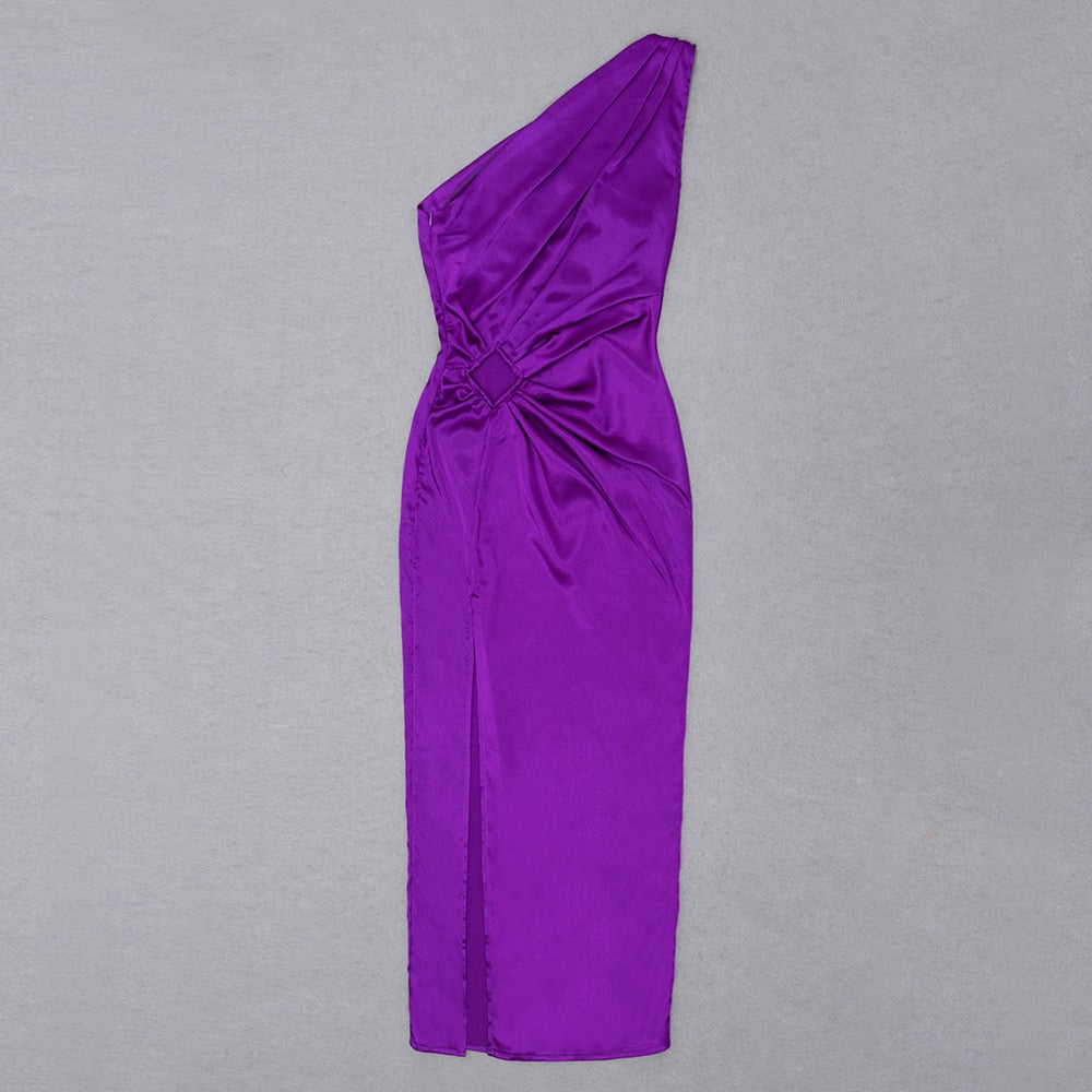 Purple One Shoulder Satin Graceful Hollow Cut Maxi Dress