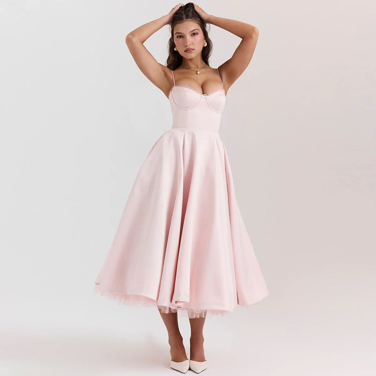 Satin Tulle Flare Charming Strap Cupped Midi Dress