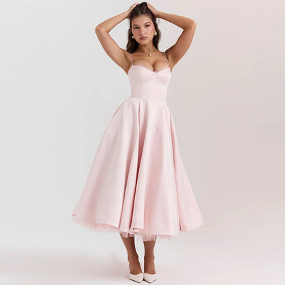 Satin Tulle Flare Charming Strap Cupped Midi Dress