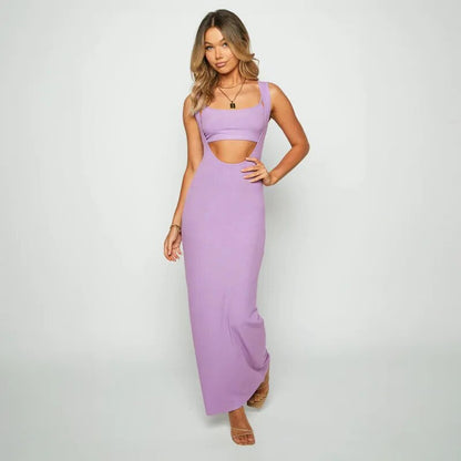 Ribbed Bandeau Deep Neck Graceful Layered Strap Long Dress