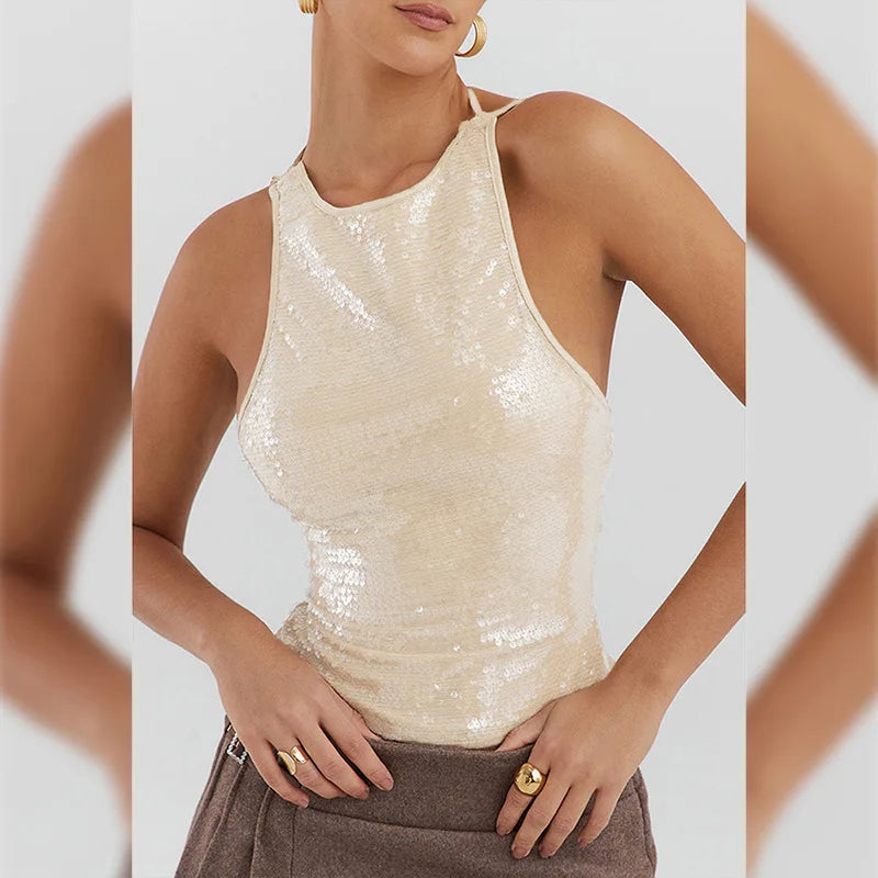 Beige Sequin Stylish Tank Top