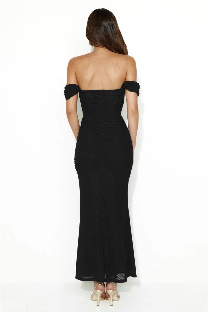 Mesh Ruched Off-Shoulder Charming Bodycon Maxi Dress