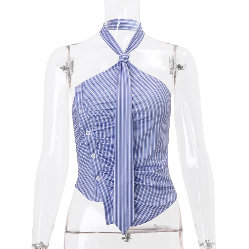 Blue Striped Halter Charming Tie Detail Top