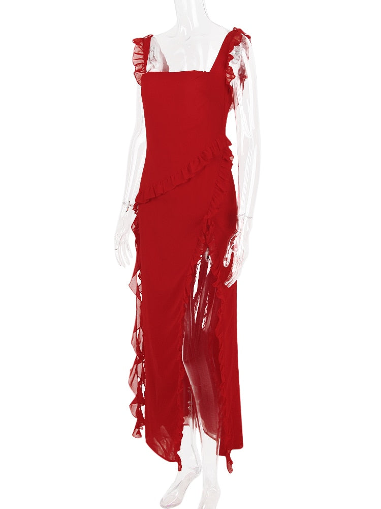 Red Ruffle Stylish Split Maxi Dress