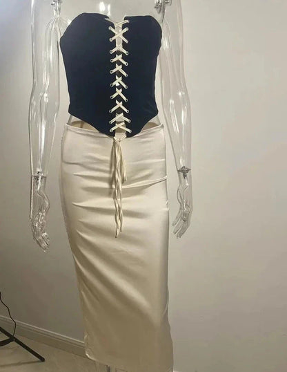 Black Lace Up Corset Top Trendy And White Satin Midi Skirt Set