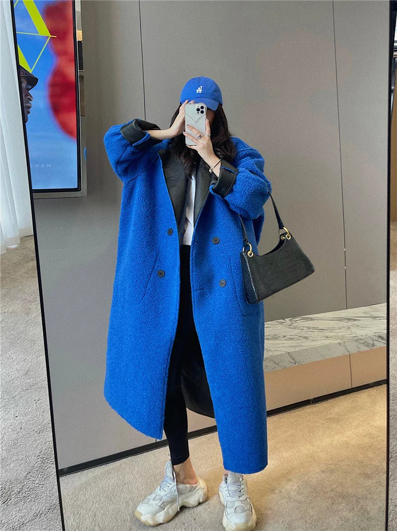 Blue Fur Double-Sided Charming Leather Long Jacket