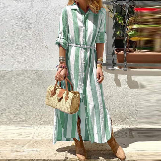 Blouse Long Loose Casual Gown Office Long Gown Autumn Striped Single-Breasted Design Harajuku Lapel Arm - Women Dresses