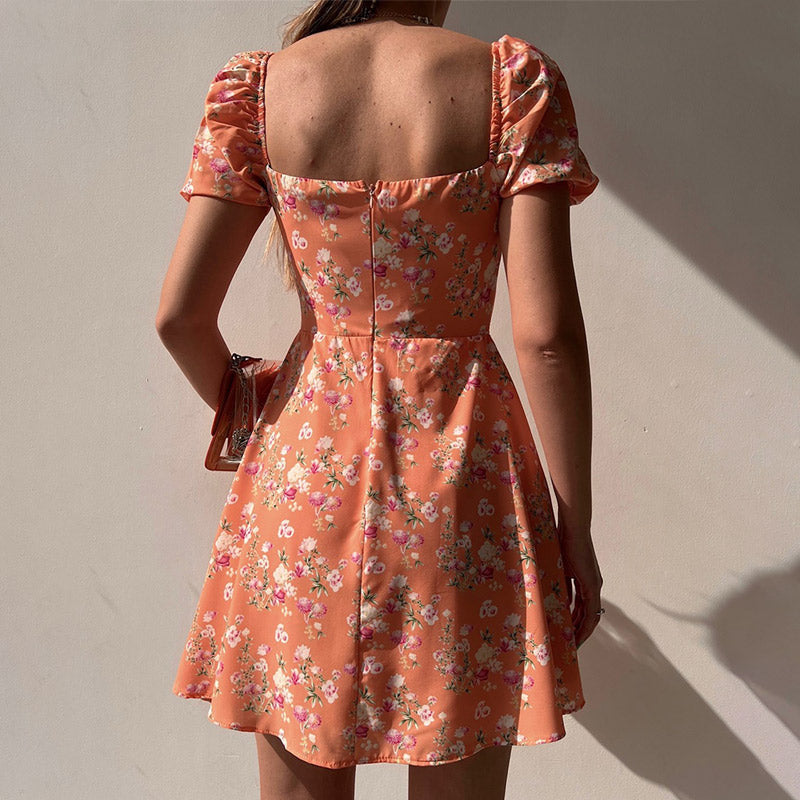 Waist Arm A-Line Puff Women's V-Neck High Flowered Dress