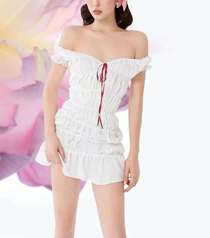 Ruched Drawstring Short Charming Sleeve Mini Dress