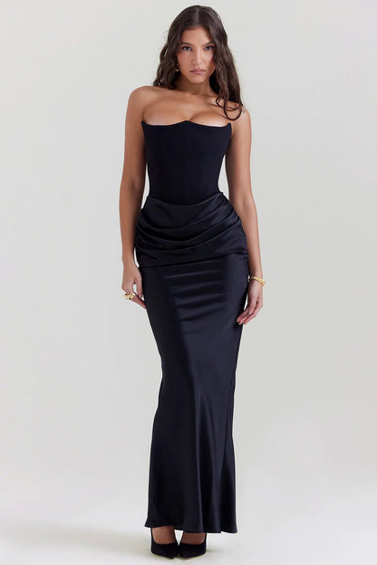 Black Corset Tube Charming Satin Maxi Dress