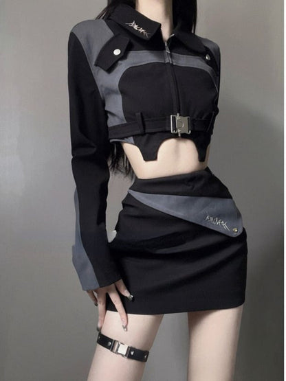 Black Piece Suits Elegant Skirts Chic Korean Casual Y2k + 2 Bodycon Gown Fashion Autumn Tops Mini Crop Set Women Blouse