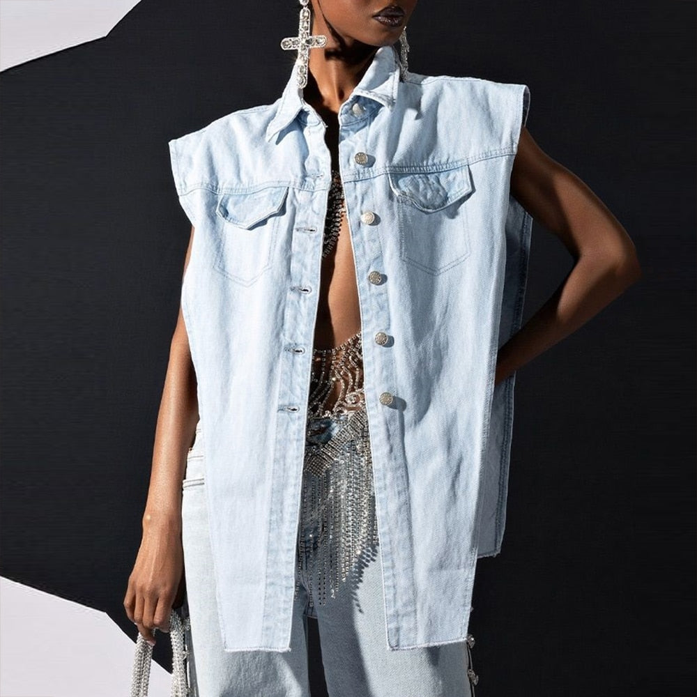 and Irregular with Out Denim Vest Hollow Shoulder Length Detail Hem