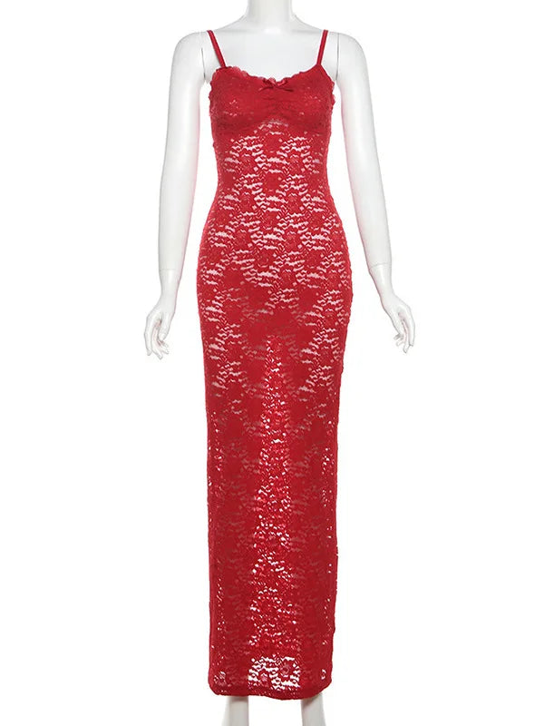 Red Sheer Lace Charming Cami Maxi Dress