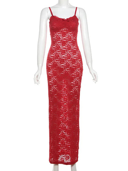 Red Sheer Lace Charming Cami Maxi Dress