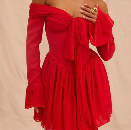 Red Off-Shoulder Stylish Frill Mini Dress