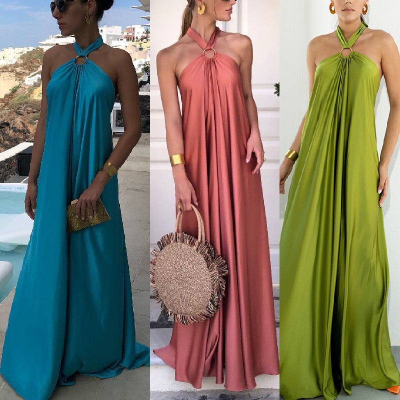 Warm-Season Party Tie-up Halter - Off Shoulder Casual Gown Backless Fashion Coastal Bandage with Long Women's Robe